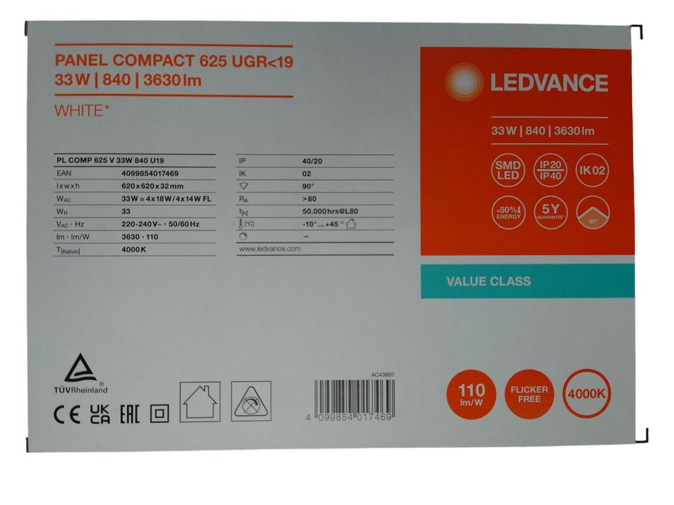 LEDVANCE LED Panel Value 625 UGR19 33W 620x620mm neutralweiß 4000K Panelleuchte