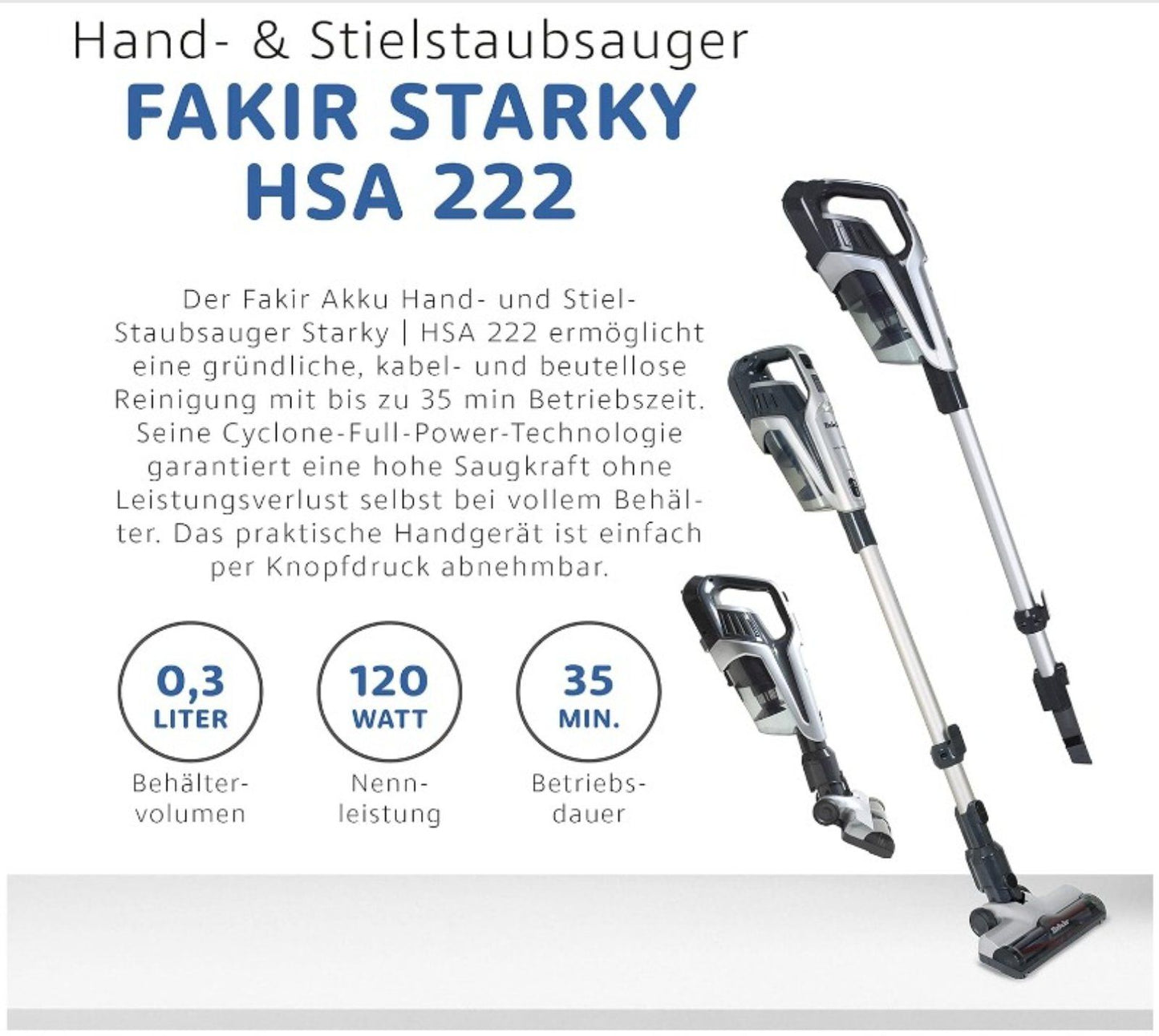 Fakir Akku Stielsauger Starky HSA 222 Silber 2 in 1 Staubsauger