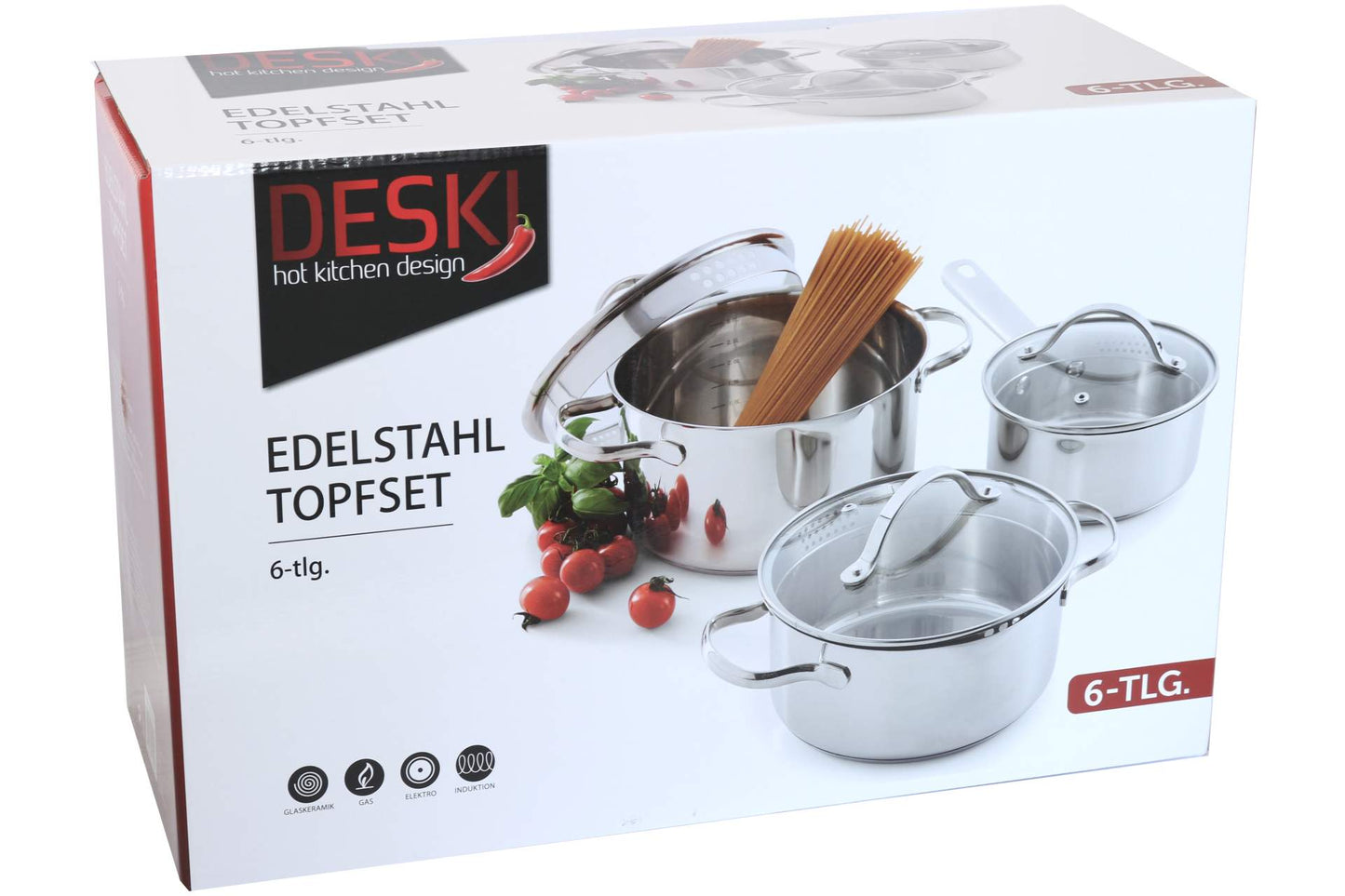 Edelstahl Kochtopf Set 6 tlg. mit Ausgießtülle und Glasdeckel Töpfe